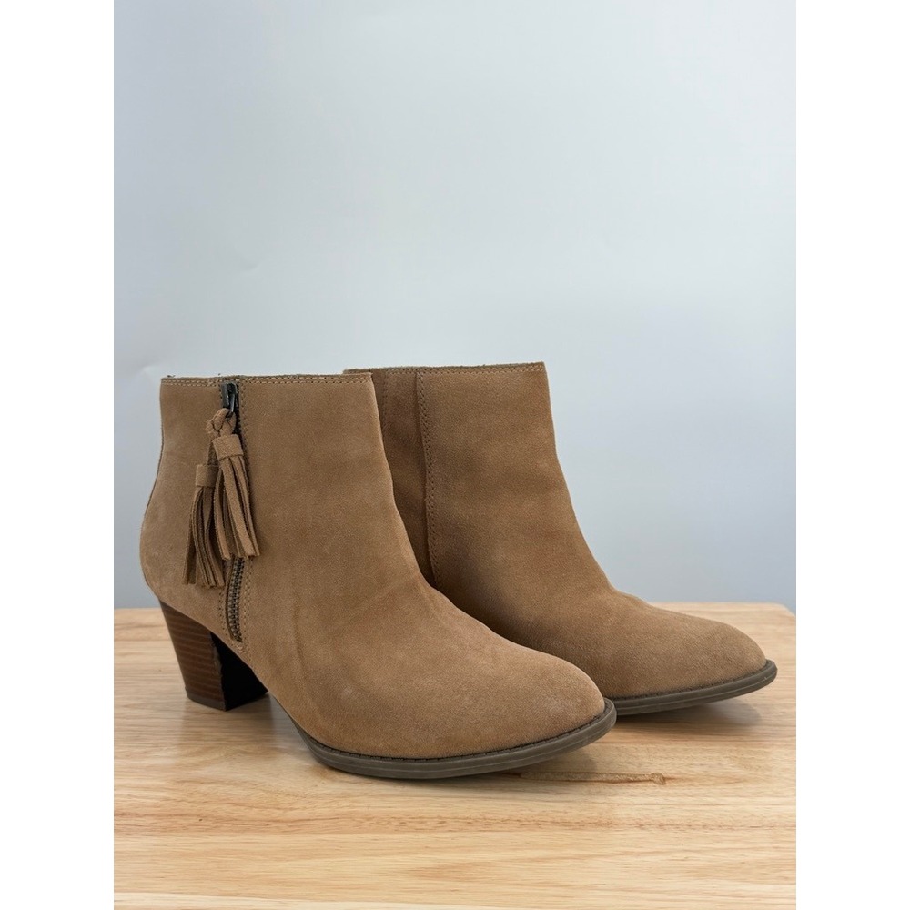 Vionic Madeline Womens 8.5 Taupe Suede Ankle Boots Weather Resistant Block Heel